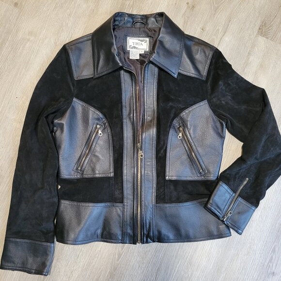 TRIA Jackets & Blazers - TRIA Women's Black Leather Jacket Zip Suede And Leather Size Medium Lined EUC